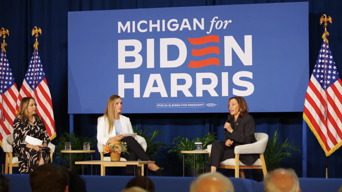 (L to R) Olivia Troye, Amanda Stratton, and Vice President Kamala Harris discussed the impact the upcoming election could have on the future of reproductive rights.