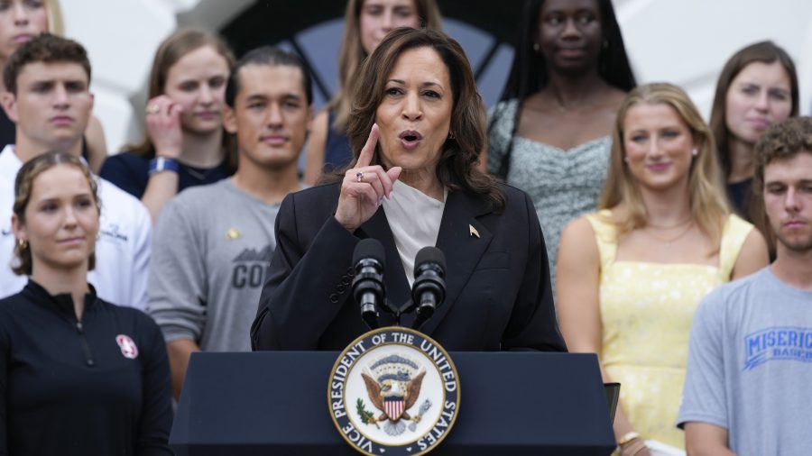 Vice President Kamala Harris speaks from the South Lawn of the White House in Washington, Monday, July 22, 2024, during an event with NCAA college athletes.
