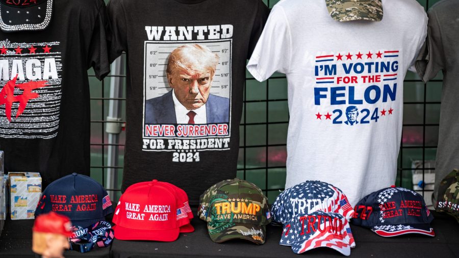 Merchandise featuring the likeness of Donald Trump for sale at the 2024 Republican National Convention in Milwaukee.