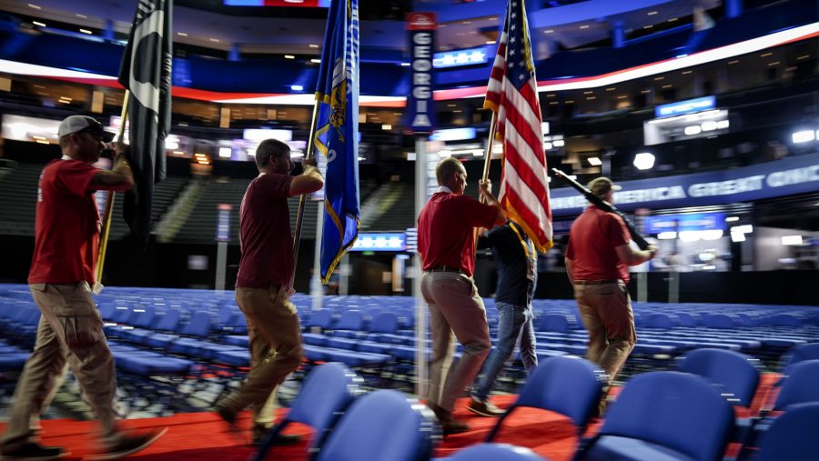 A color guard comprised of veterans rehearses ahead of the 2024 Republican National Convention, Sunday, July 14, 2024, in Milwaukee.