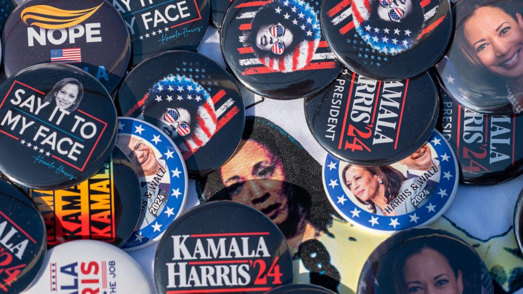 Kamala Harris buttons for sale outside the Democratic National Convention in Chicago.