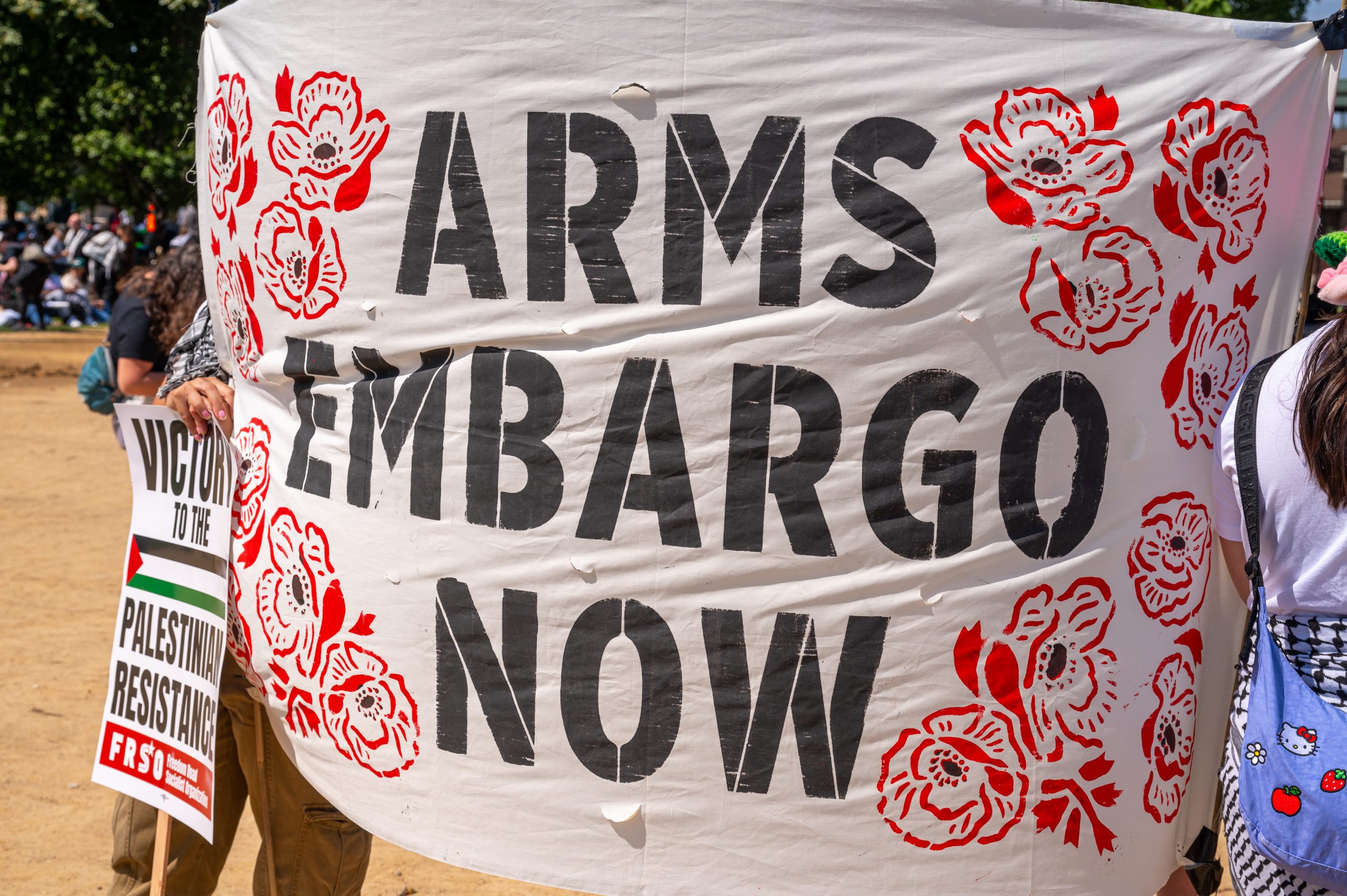 A protester's banner reads "ARMS EMBARGO NOW" at a Pro-Palestinian demonstration outside the Democratic National Convention in Chicago on Monday, Aug. 19, 2024.