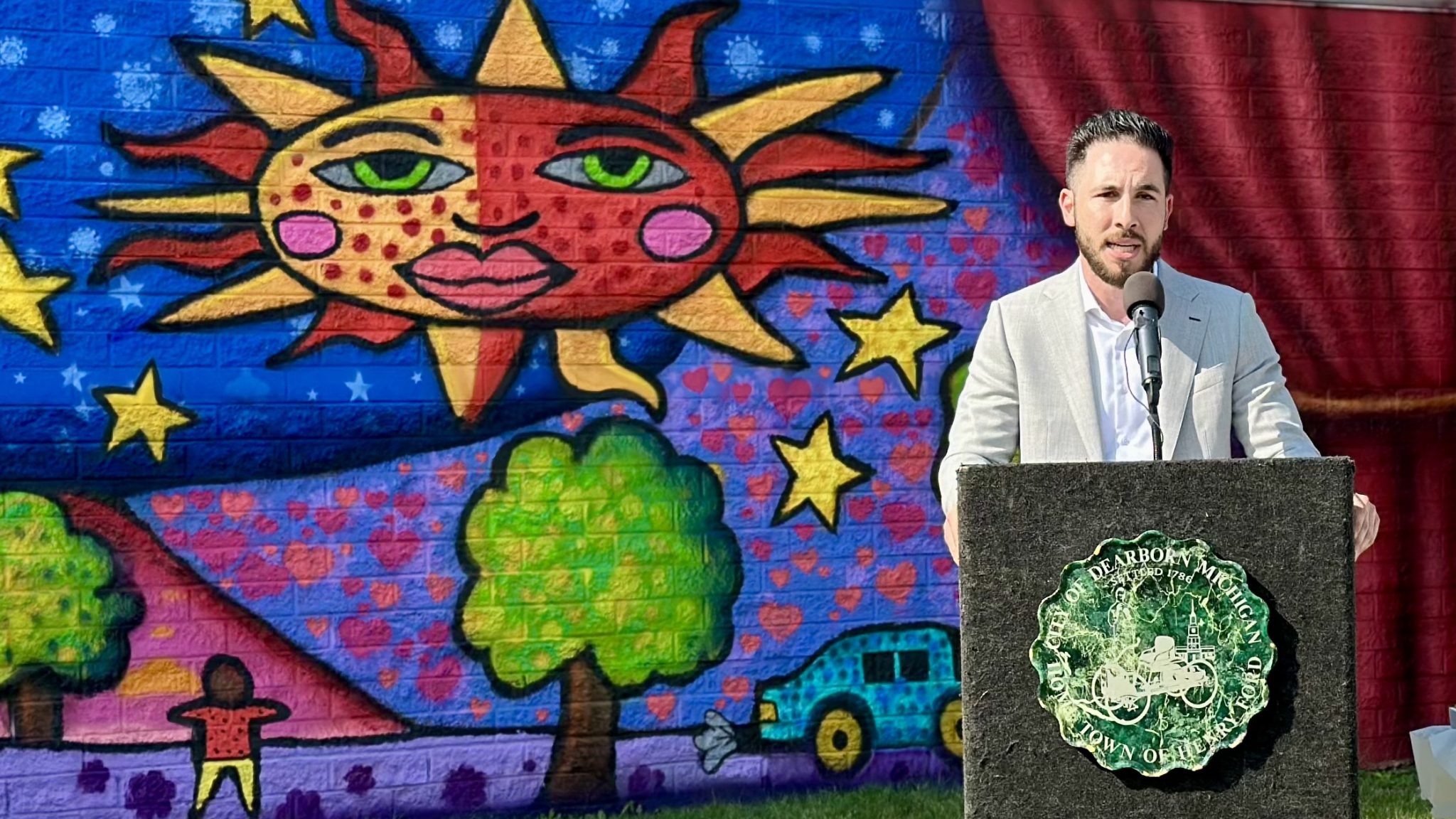 Dearborn Mayor Abdullah Hammoud at a mural dedication ceremony for student artists at the Ford Community and Performing Arts Center on July 31, 2024.