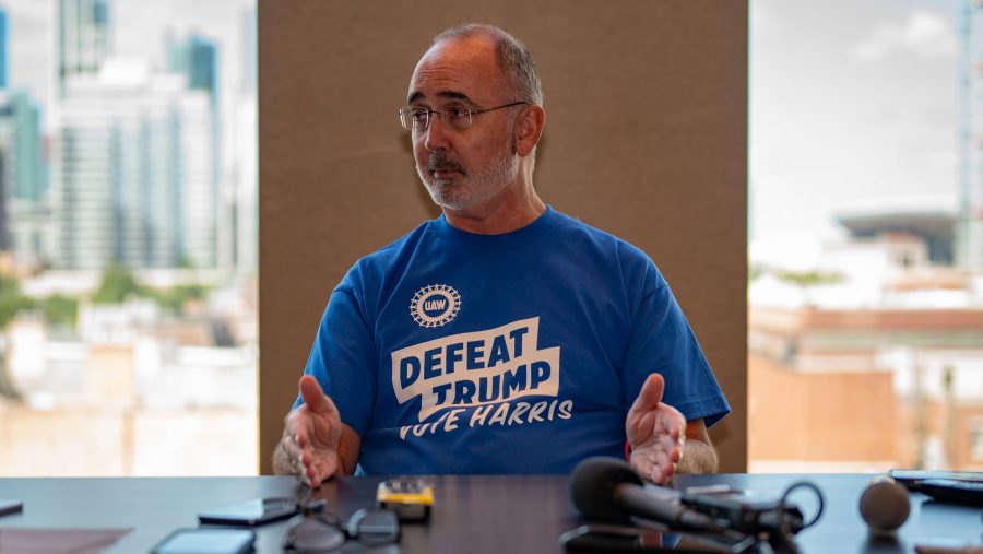 United Auto Workers President Shawn Fain speaks during a roundtable discussion at the Democratic National Convention in Chicago on Tuesday, Aug. 20, 2024.