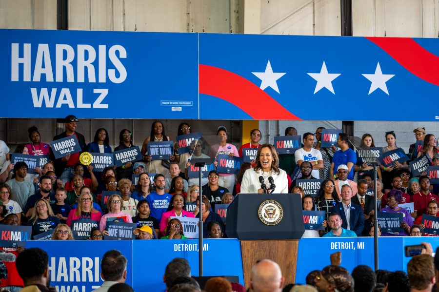 Vice President Kamala Harris addresses a crowd of union members and supporters at Detroit Metro Airport in Romulus on Wednesday, Aug. 7, 2024.