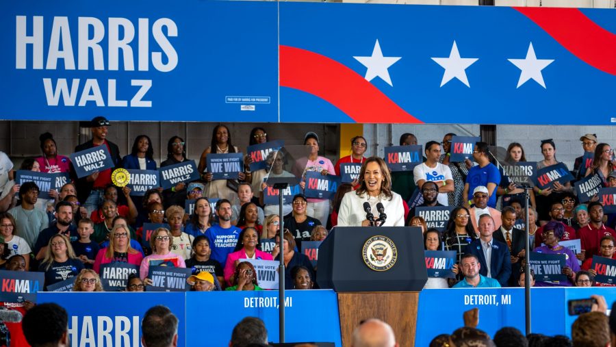 Vice President Kamala Harris addresses a crowd of union members and supporters at Detroit Metro Airport in Romulus on Wednesday, Aug. 7, 2024.