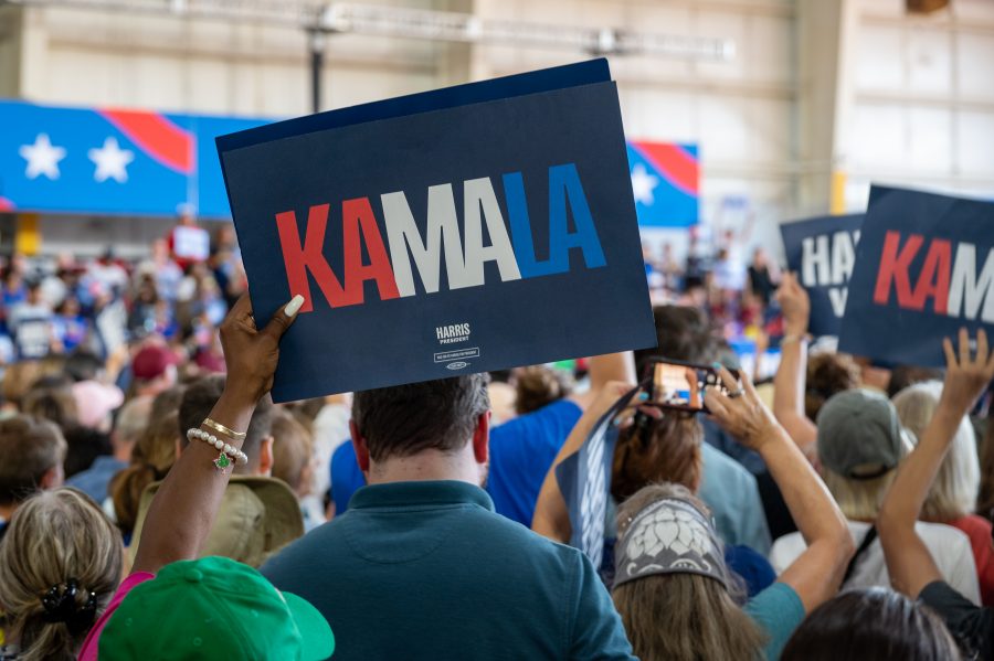 A Kamala Harris supporter holds up a sign during a Harris-Walz campaign rally at Detroit Metro Airport in Romulus on Wednesday, Aug. 7, 2024.