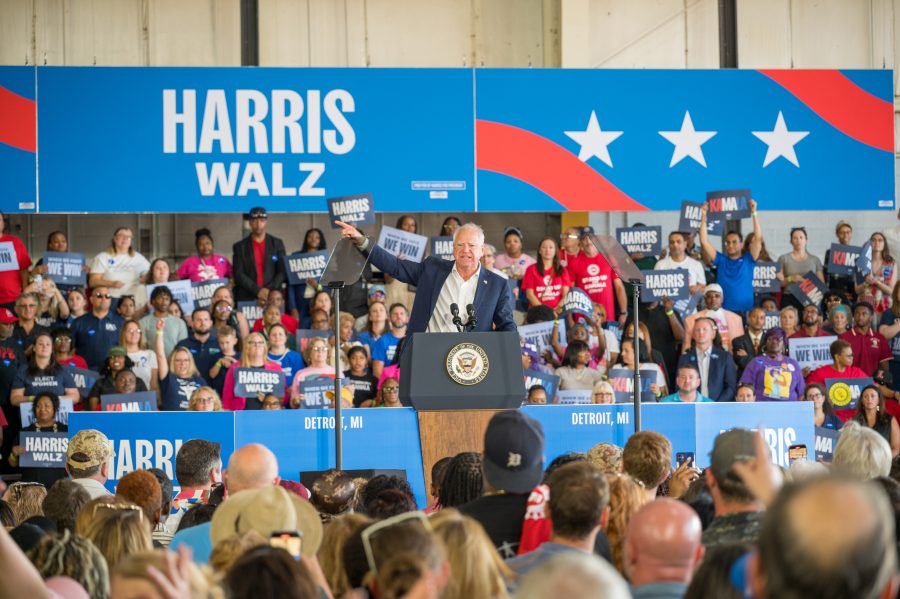 Minnesota Governor Tim Walz addresses a crowd of union members and supporters at Detroit Metro Airport in Romulus on Wednesday, Aug. 7, 2024.