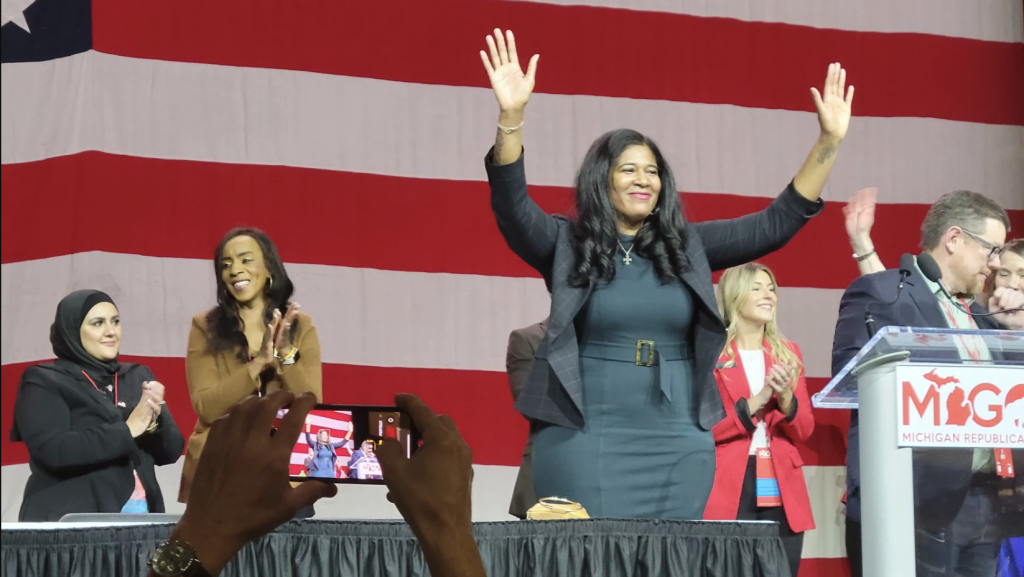 Kristina Karamo celebrates her election as Michigan Republican Party chair at the state party's convention on February 18, 2023.