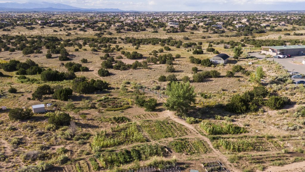 Aerial view of the "Demonstration Garden" at the Institute of American Indian Arts, a 1994 Land-Grant Tribal College and University Land-Grant member, in Santa Fe, N.M.