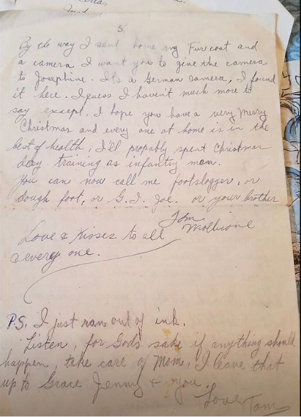 The last letter Thomas Mollicone sent to his family back home during World War II before he was killed in the line of duty.