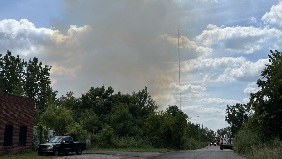 A large mulch fire at Detroit Mulch Co. on Prairie Street continued to burn throughout the day on Wednesday, Aug. 21, impacting air quality in the region.