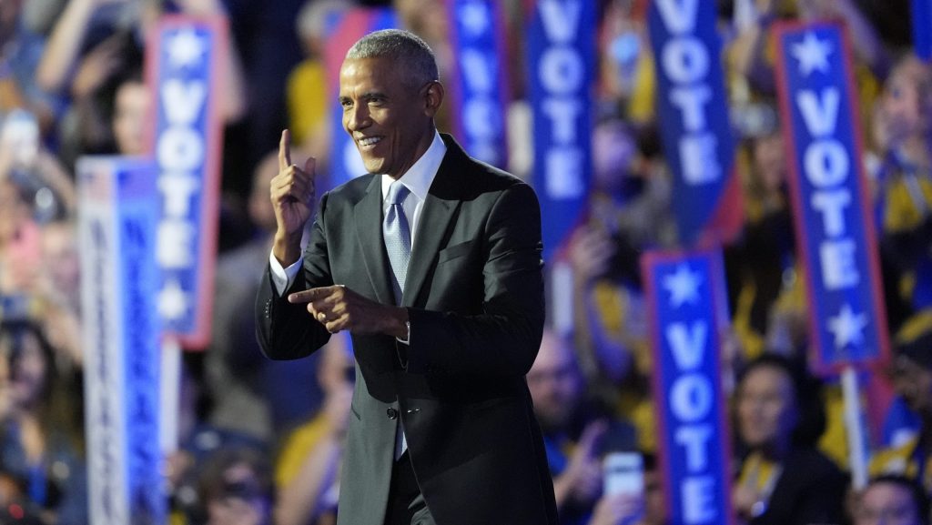 Former President Barack Obama speaks during the Democratic National Convention Tuesday, Aug. 20, 2024, in Chicago.