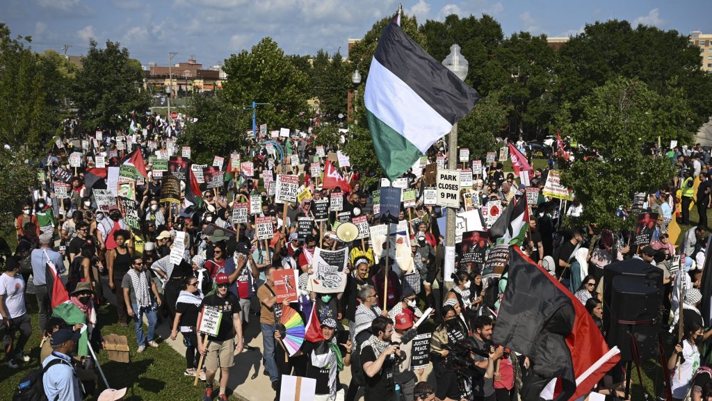 Protesters march to the Democratic National Convention after a rally at Union Park Monday, Aug. 19, 2024, in Chicago.