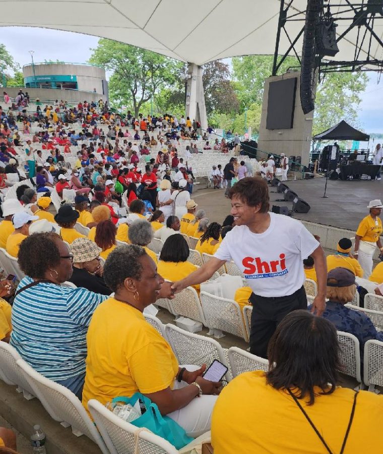 Shri Thanedar greets residents at a senior appreciation day outside Detroit’s Aretha Franklin auditorium