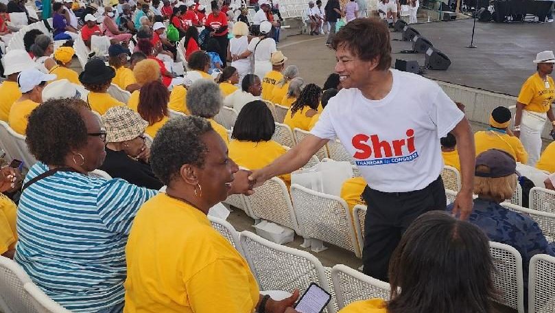 Shri Thanedar greets residents at a senior appreciation day outside Detroit’s Aretha Franklin auditorium