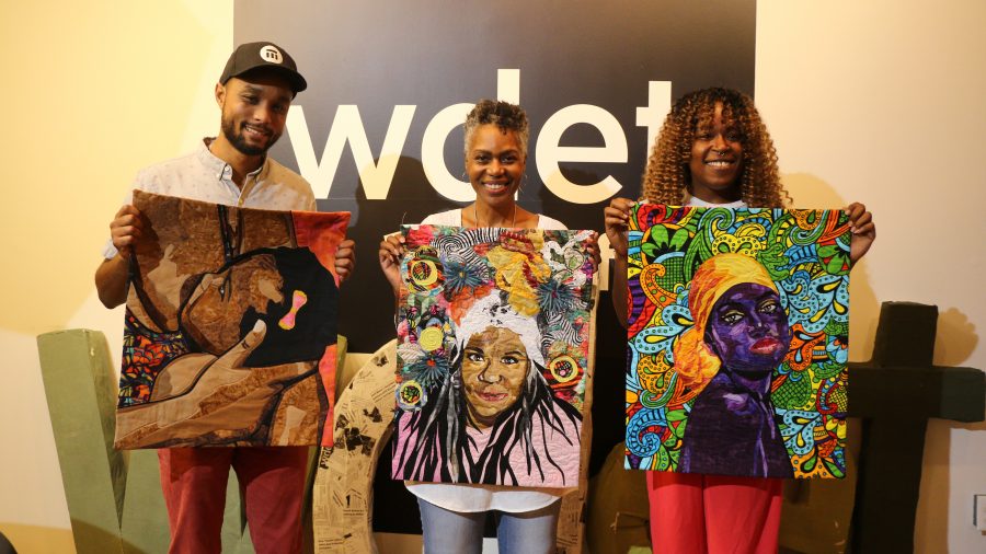 "The Metro" host Tia Graham and guest co-host Colin Jackson pose with needlework artist April Shipp while holding up some of her artwork.