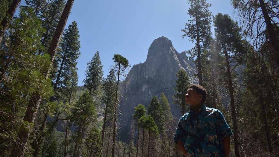 A young Black male stands in the foreground with tall trees and mountains rising behind him.