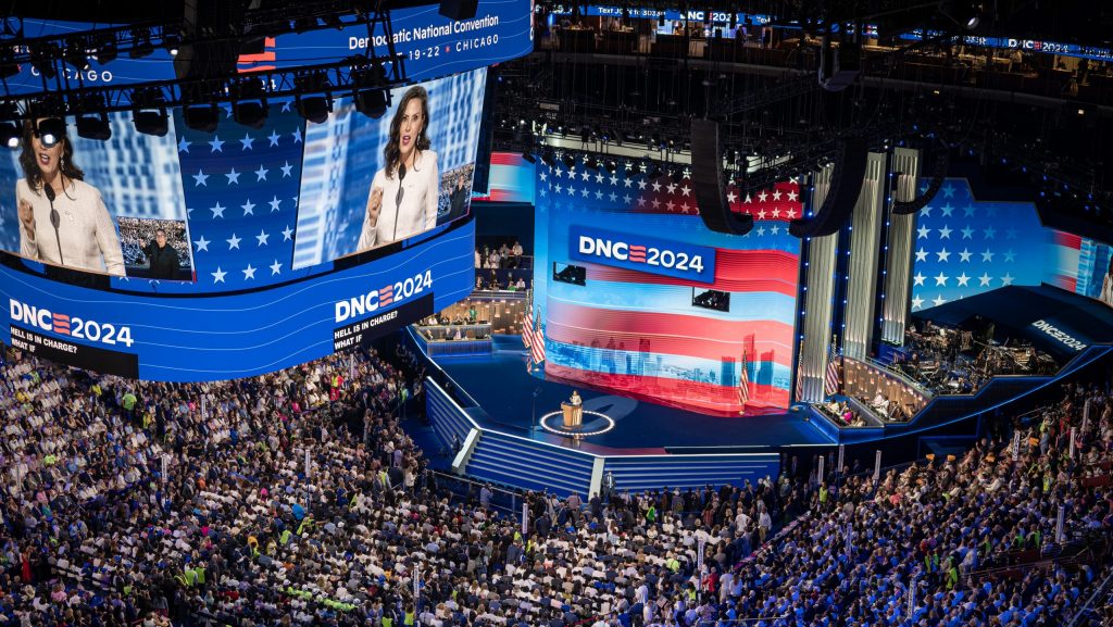 Michigan Gov. Gretchen Whitmer addressed the crowd of delegates at the Democratic National Convention in Chicago.