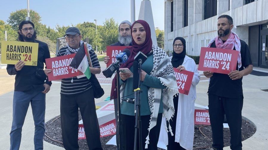 Farah Khan, co-chair of the Abandon Harris campaign, speaks outside the Henry Ford Centennial Library in Dearborn on Thursday, Sept. 12, 2024.