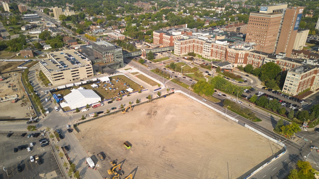 An aerial view of the new Henry Ford Health hospital location in Detroit.