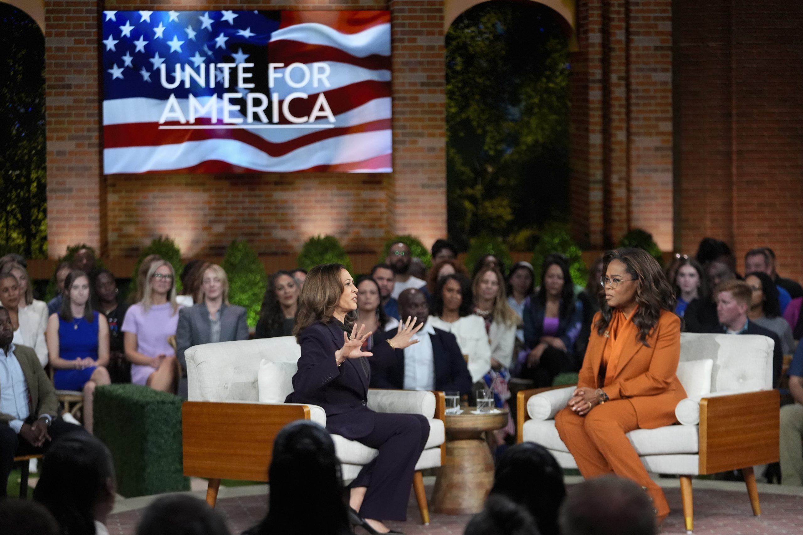 Democratic presidential nominee Vice President Kamala Harris joins Oprah Winfrey at Oprah's Unite for America Live Streaming event Thursday, Sept. 19, 2024 in Farmington Hills, Mich. 