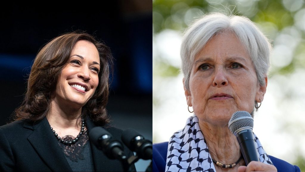 A photo of Kamala Harris and a photo of Jill Stein stitched together.