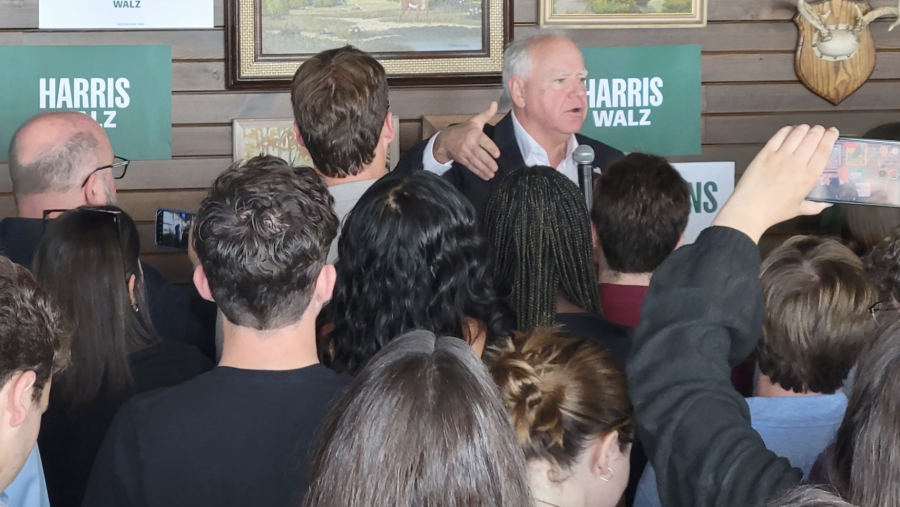 Democratic vice presidential candidate Tim Walz campaigns at the Graduate Rock Bar in East Lansing on September 13, 2024.