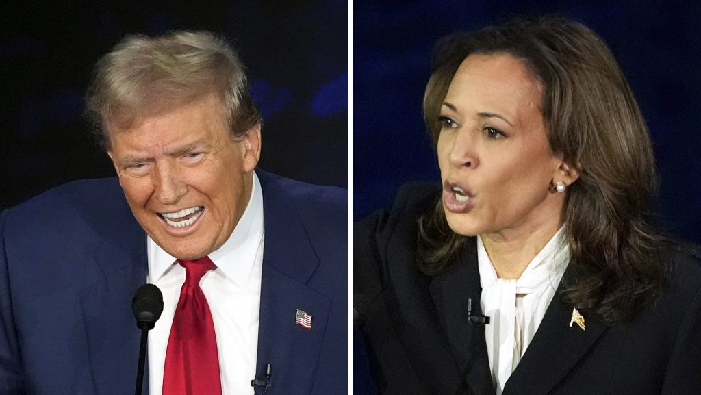 This combination of photos shows Republican presidential nominee former President Donald Trump, left, and Democratic presidential nominee Vice President Kamala Harris during an ABC News presidential debate at the National Constitution Center, Tuesday, Sept. 10, 2024, in Philadelphia.