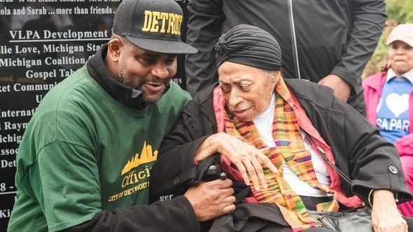 Detroit Historian Jamon Jordan talks with civil rights activist Dorothy Dewberry Aldridge, who envisioned a monument like this for decades.