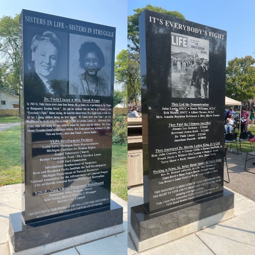 Both Sides of the civil rights monument in Viola Liuzzo Playground.