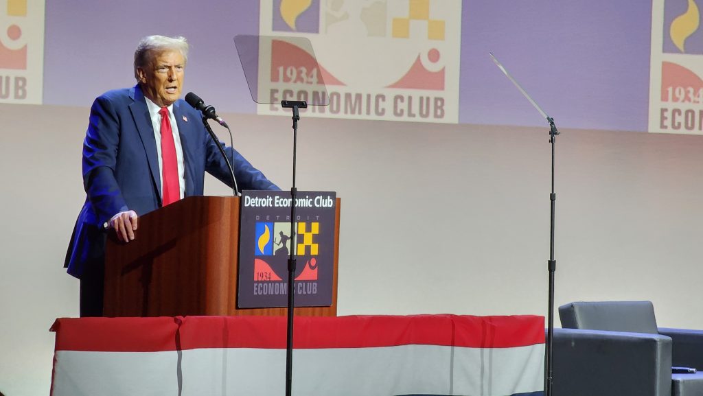 Former president Donald Trump speaks at the Detroit Economic Club ahead of the November 2024 election, Oct. 10, 2024.