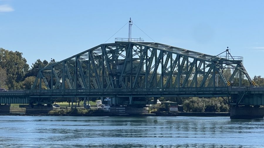 The Grosse Ile Parkway Bridge spans the Detroit River.