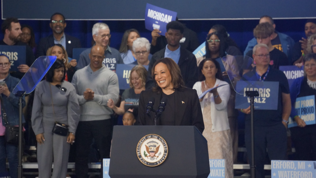 Vice President Kamala Harris campaigns at an event in Oakland County on Friday, Oct. 18, 2024.