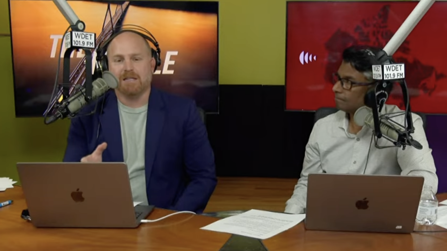 Jeremy Hobson (left), host of NPR's "The Middle," and Ian Hanomansing, host of CBC Radio's Cross Country Checkup, live at WDET Studios in Detroit, Sunday, Oct. 20, 2024.