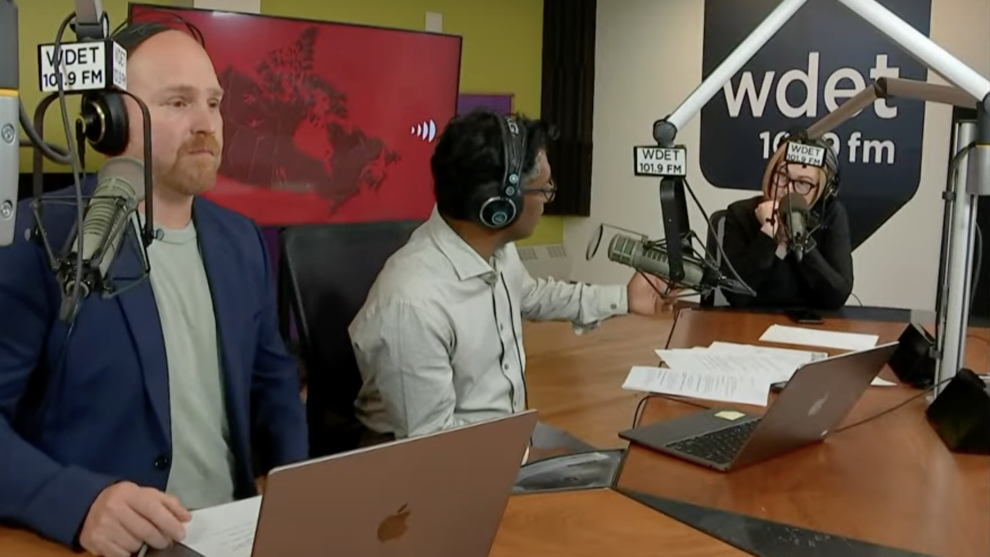 (From left) Jeremy Hobson, host of NPR's "The Middle," and Ian Hanomansing, host of CBC Radio's Cross Country Checkup, live at WDET Studios in Detroit, Sunday, Oct. 20, 2024.