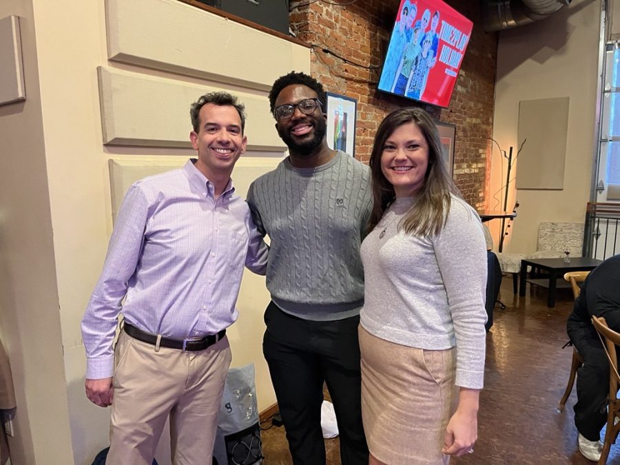 (From left) Gongwer News Service's Zach Gorchow, and WDET's Hernz Laguerre Jr. and Cheyna Roth at MichMash Live in Lansing on Wednesday, Oct. 17, 2024.