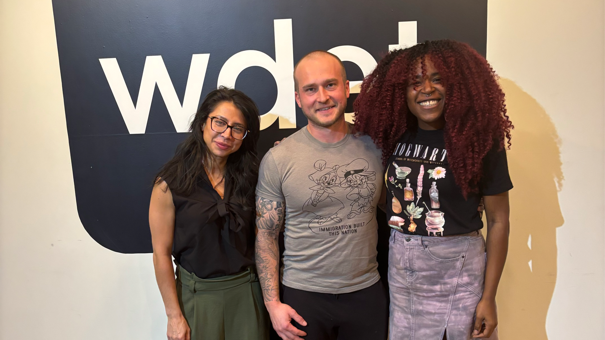 Robyn Vincent (left) and Tia Graham, co-hosts of "The Metro," with Patchwork Culinary Project Founder Nick Sanchez at WDET Studios, Oct. 22, 2024.