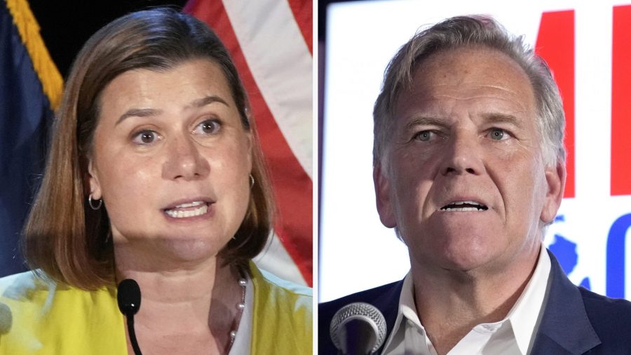 This combination photo of Michigan Senate candidates shows Rep. Elissa Slotkin, D-Mich., in Detroit, Aug. 6, 2024, left, and former Rep. Mike Rogers, R-Mich., Aug. 6, 2024, in Lake Orion, Mich.