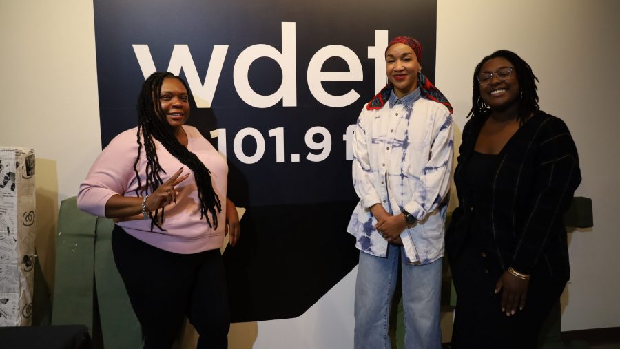 Womxnhouse Detroit Co-founder Asia Hamilton (from left), ceramics artist Michaela Ayers, and fiber artist Cat Washington at WDET Studios, Oct. 9, 2024.