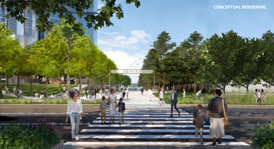 The conceptual plan calls for a new pedestrian promenade connecting the heart of the city to the riverfront.