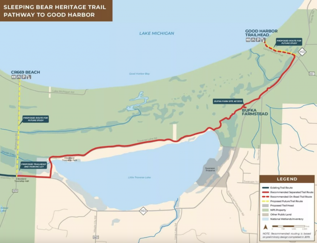 The proposed route for Segement 9, which would've completed the Sleeping Bear Heritage Trail and brought trail users to the northernmost reaches of Sleeping Bear Dunes National Lakeshore. Now, the Park Service says it will pause the project indefinitely due to concerns from the Grand Traverse Band of Ottawa and Chippewa Indians.