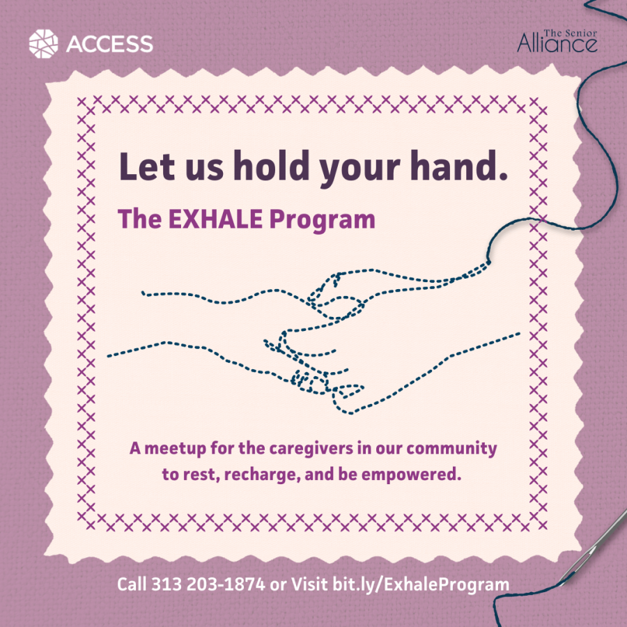 A poster that reads, "Let us hold your hand. The EXHALE Program: A meetup for the caregivers in our community to rest, recharge and be empowered."