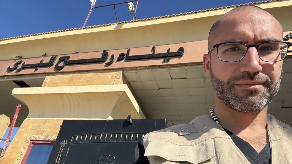 Dr. Adam Fahs at the Rafah border crossing in Gaza in December 2023.