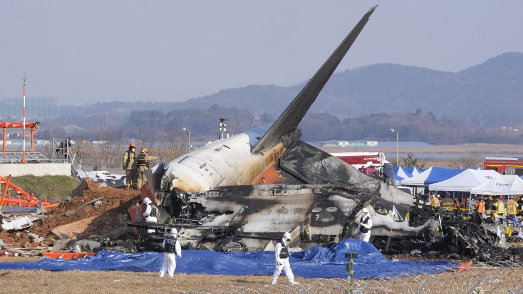 Firefighters and rescue team members work near the wreckage of a passenger plane at Muan International Airport in Muan, South Korea, Sunday, Dec. 29, 2024.