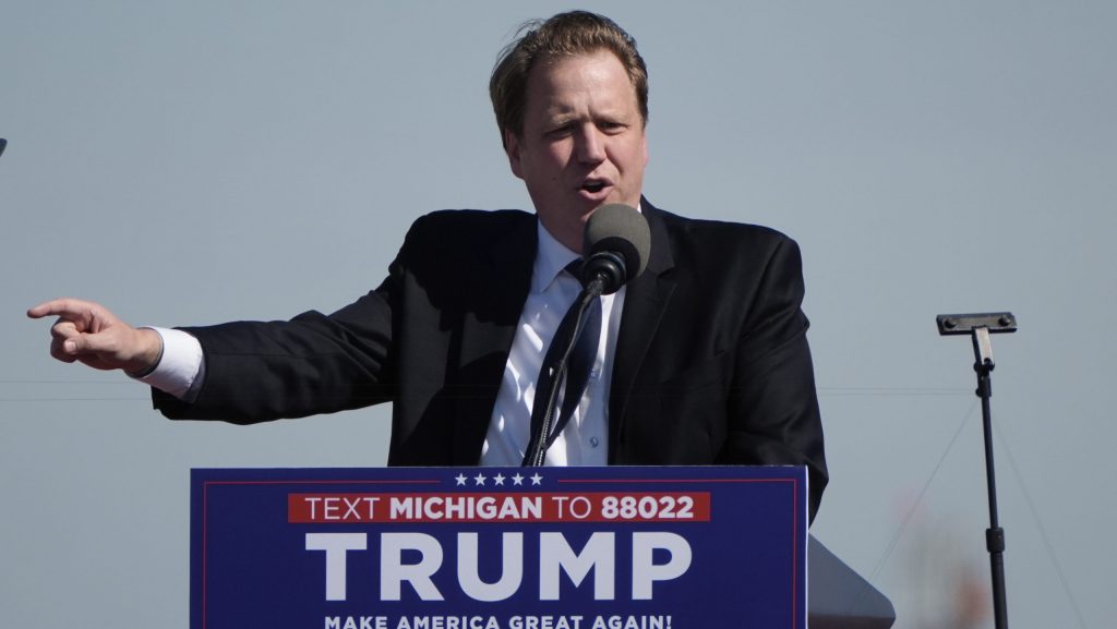 FILE - Michigan state Sen. Aric Nesbitt (R-Lawton) speaks at a Republican presidential candidate former President Donald Trump campaign event in Freeland, Mich., May 1, 2024.