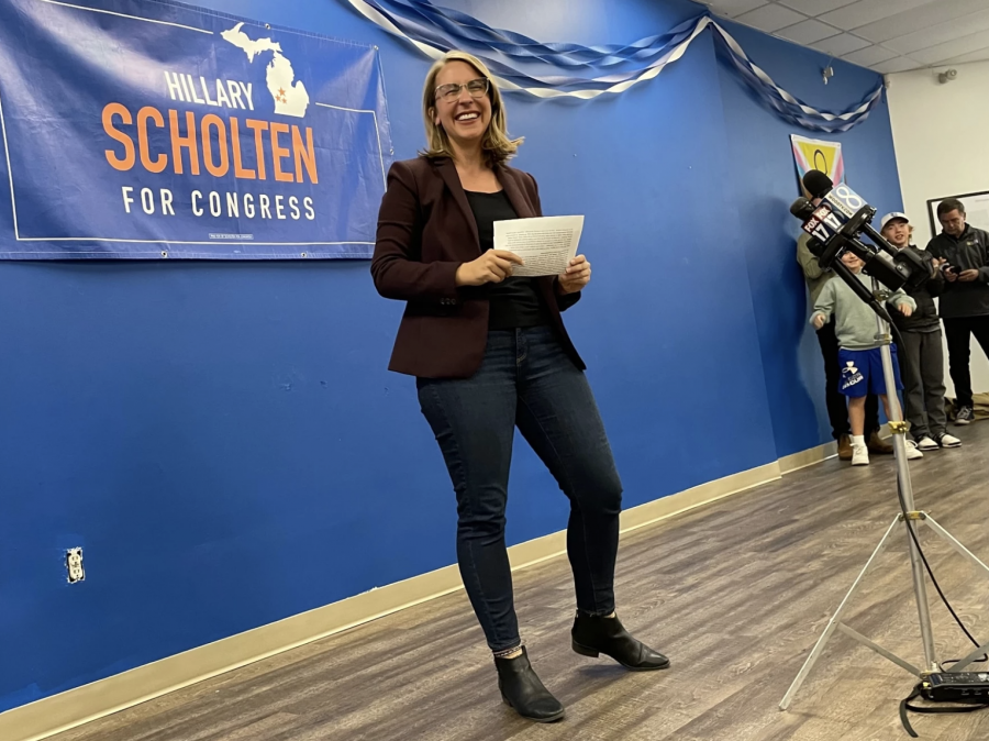 Hillary Scholten speaks to supporters in Grand Rapids following her victory in the 3rd Congressional District race.