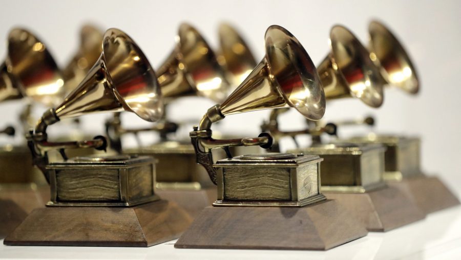 FILE - Grammy Awards are displayed at the Grammy Museum Experience at Prudential Center in Newark, N.J. on Oct. 10, 2017.