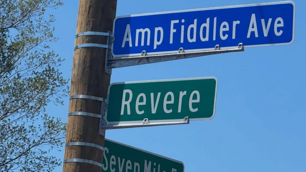 Community members gathered in Detroit's Conant Gardens neighborhood on Friday, May 16, 2025, for the unveiling of the new Amp Fiddler Avenue sign.