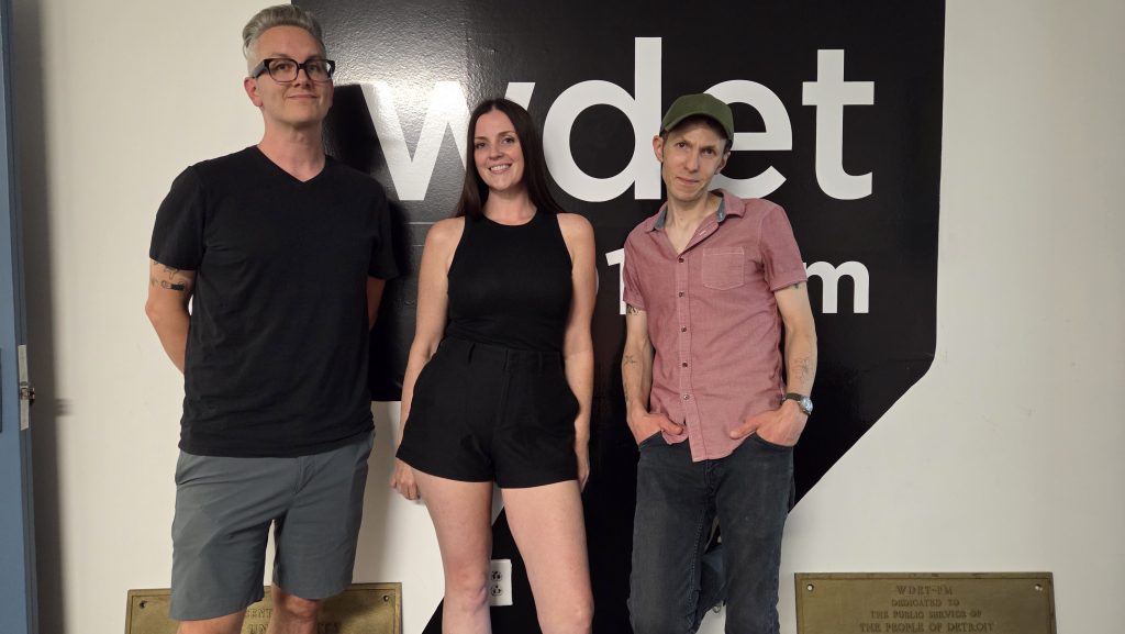 Detroit indie artist Jessie Berkshires (center) with her husband and musical collaborator Nat Plane (left) and MI Local host Jeff Milo at WDET Studios, July 15, 2025.